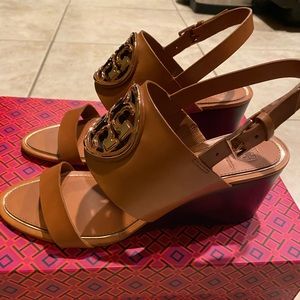 Brand new Tory Burch metal miller wedge sandal
